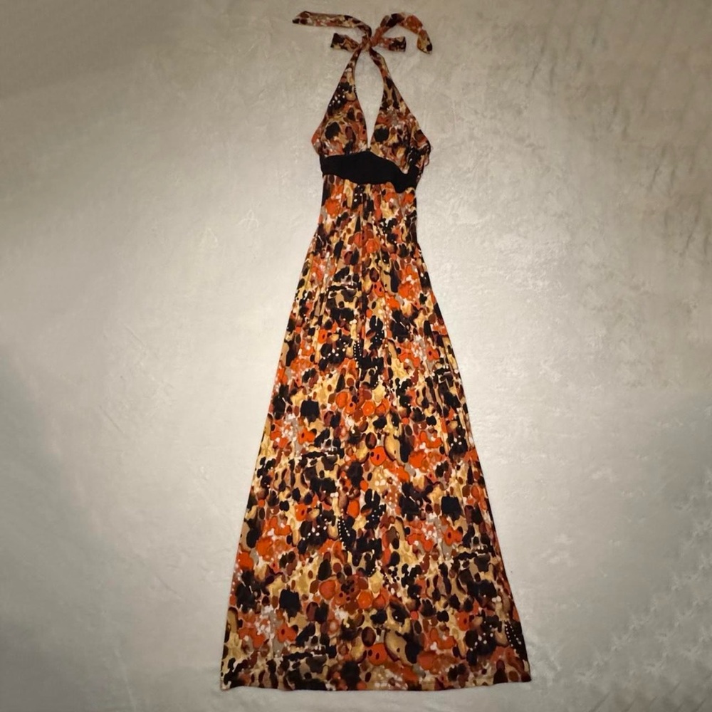 Vintage Halter Maxi Dress in Abstract Boho Chic Orange Yellow and Black Pattern - Picture 2 of 8